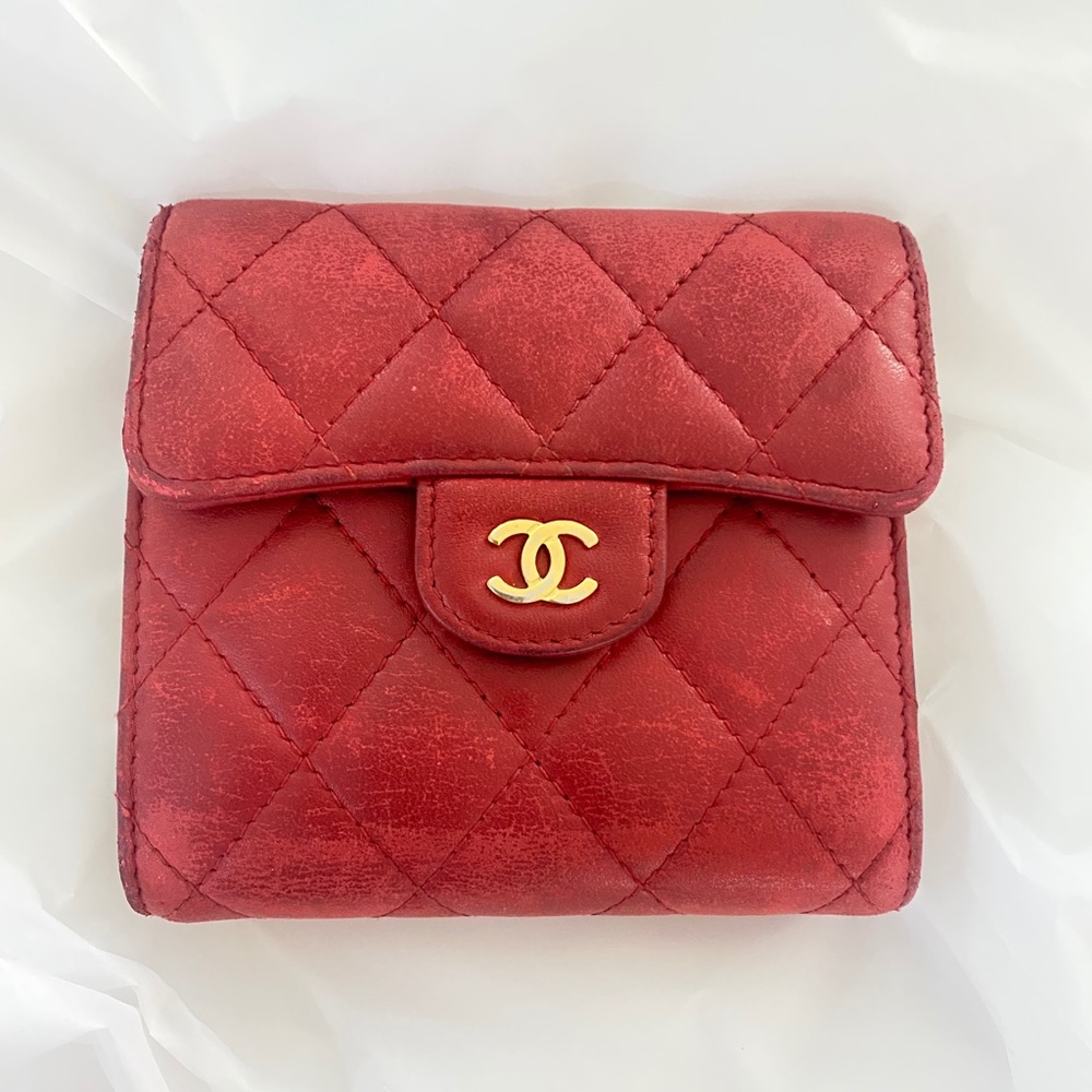 CHANEL Wallet Red Quilted Mini Bifold Leather